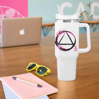 AA Sober Symbol Serenity Recovery Tumbler With Handle Japanese Cherry Blossom Brushstroke Circle