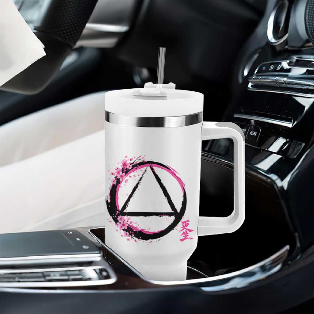AA Sober Symbol Serenity Recovery Tumbler With Handle Japanese Cherry Blossom Brushstroke Circle