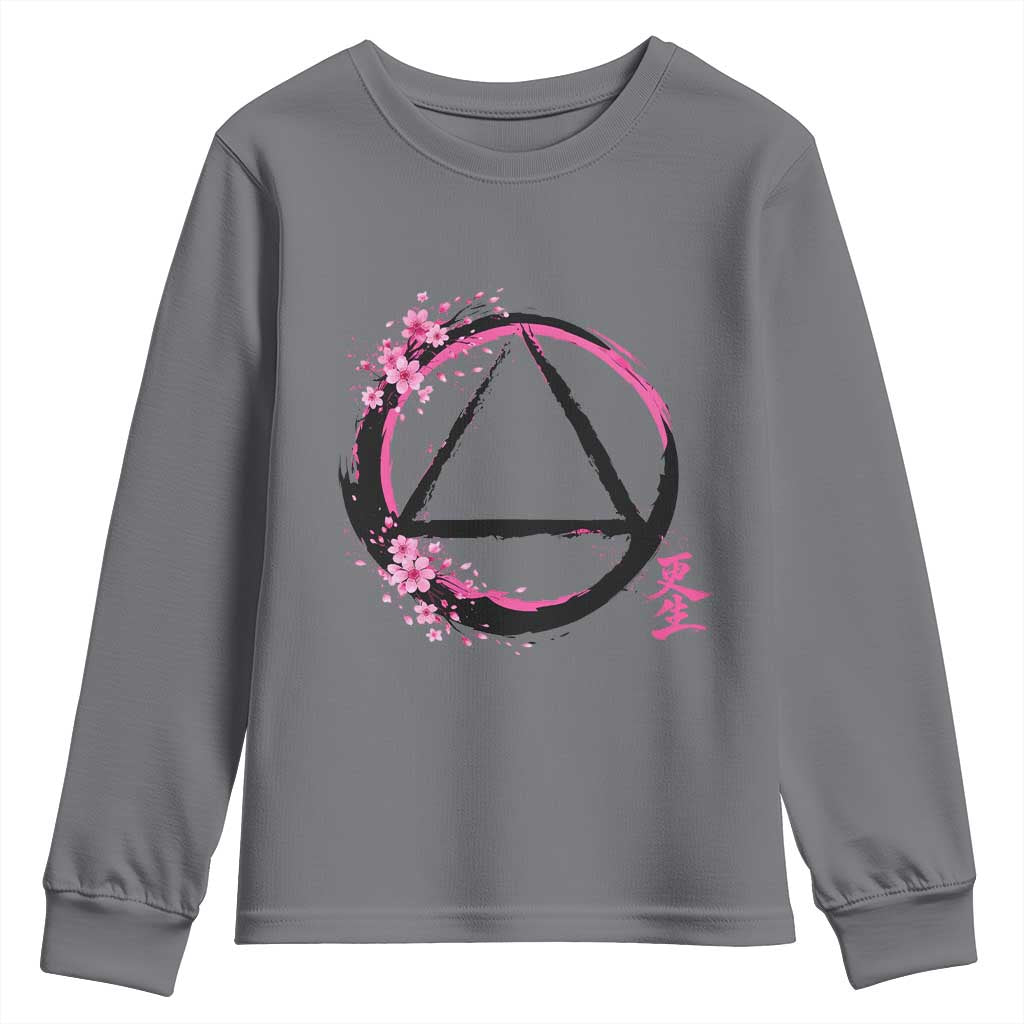 AA Sober Symbol Serenity Recovery Youth Sweatshirt Japanese Cherry Blossom Brushstroke Circle