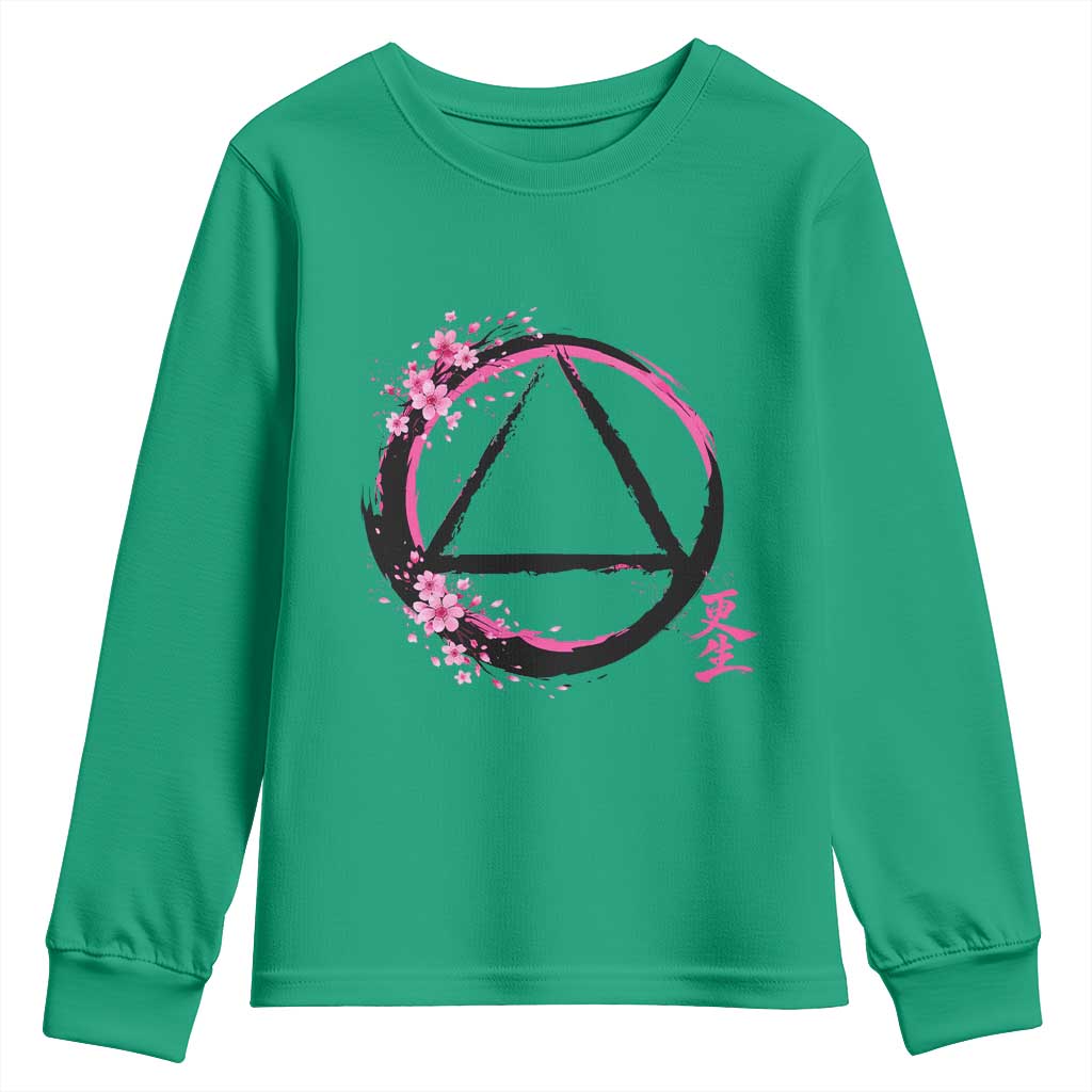 AA Sober Symbol Serenity Recovery Youth Sweatshirt Japanese Cherry Blossom Brushstroke Circle
