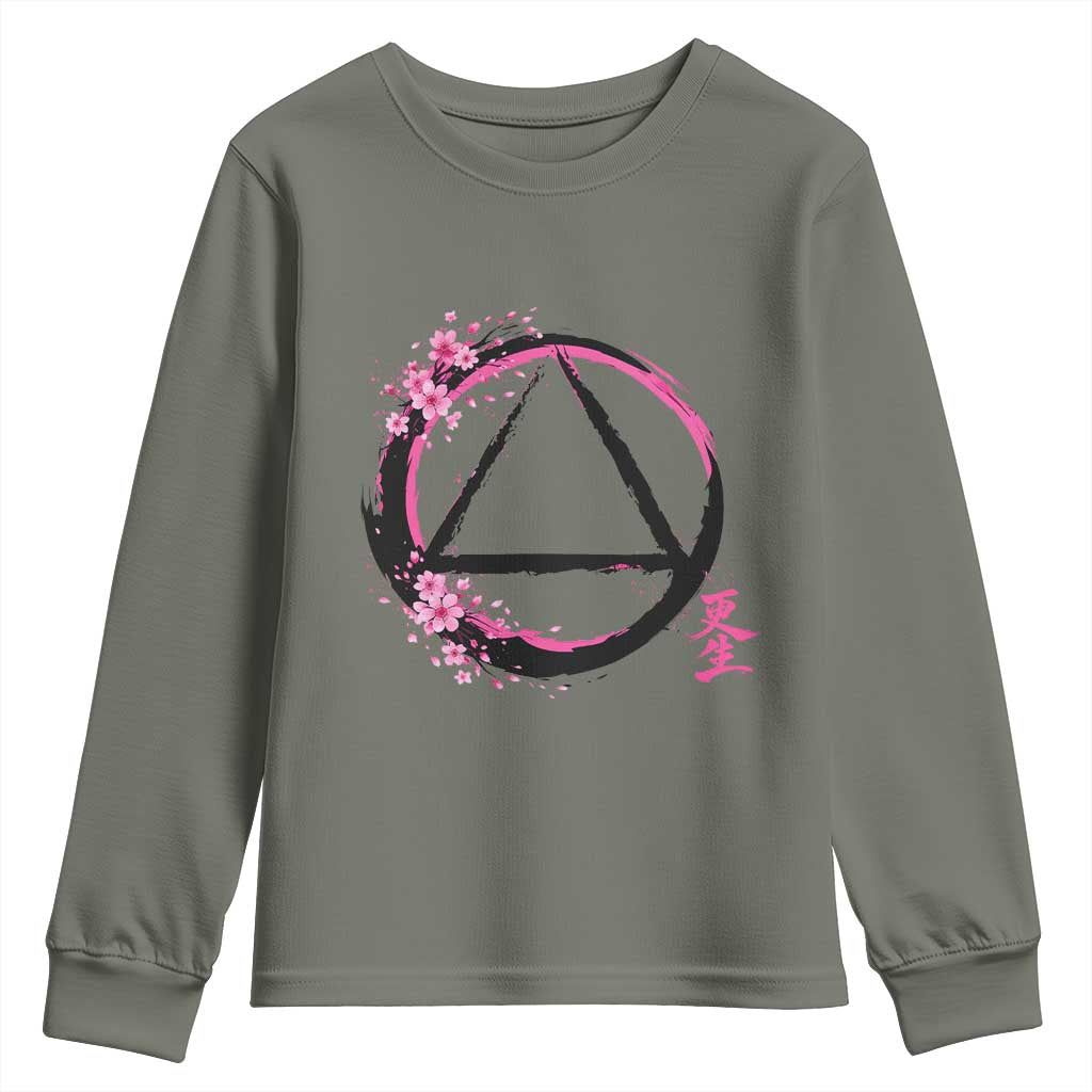 AA Sober Symbol Serenity Recovery Youth Sweatshirt Japanese Cherry Blossom Brushstroke Circle
