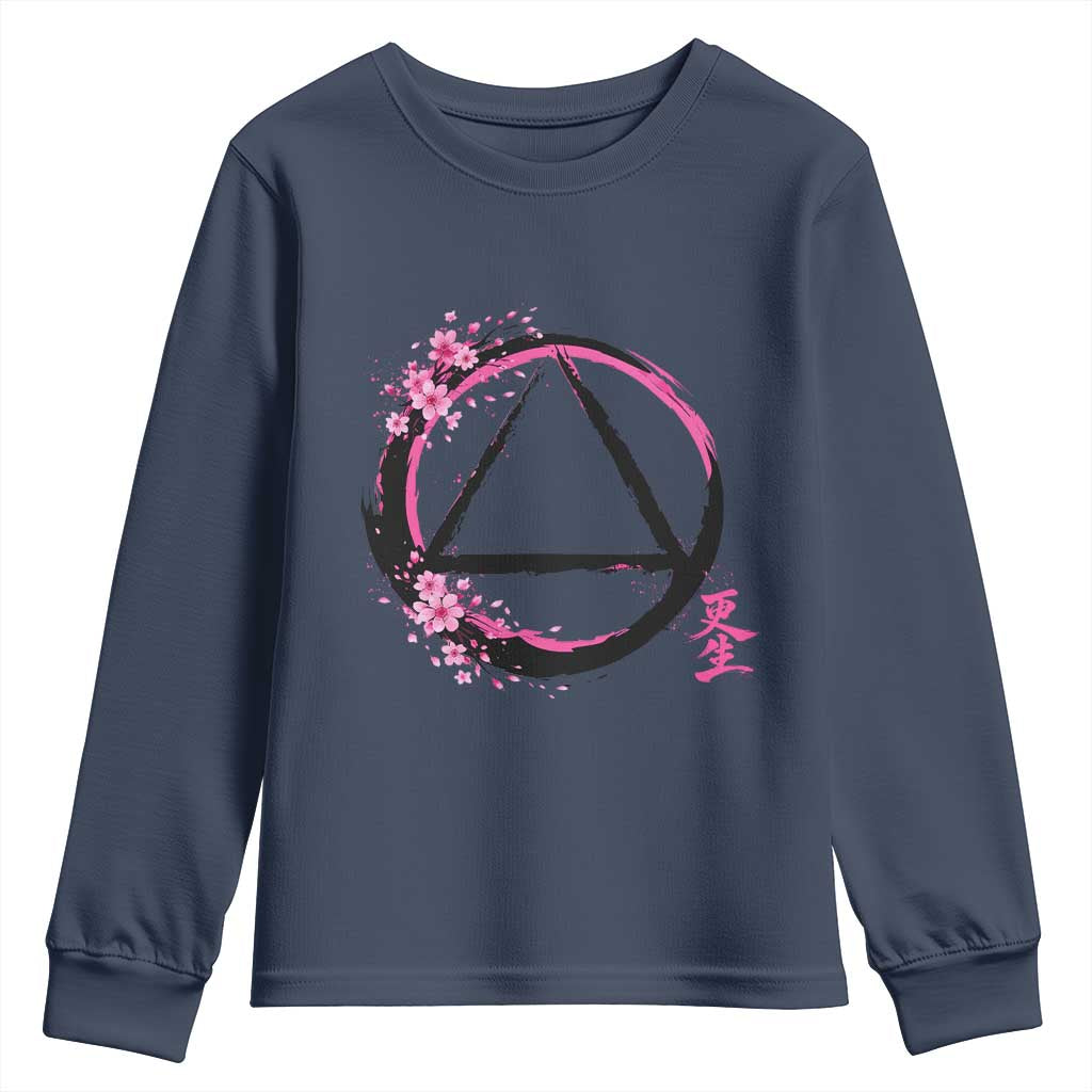 AA Sober Symbol Serenity Recovery Youth Sweatshirt Japanese Cherry Blossom Brushstroke Circle