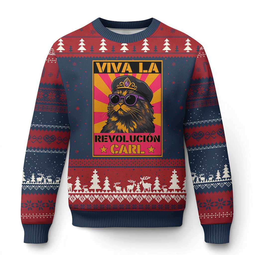 Viva La Revolucion Carl Ugly Christmas Sweater Funny Princess Cat Donut Meme