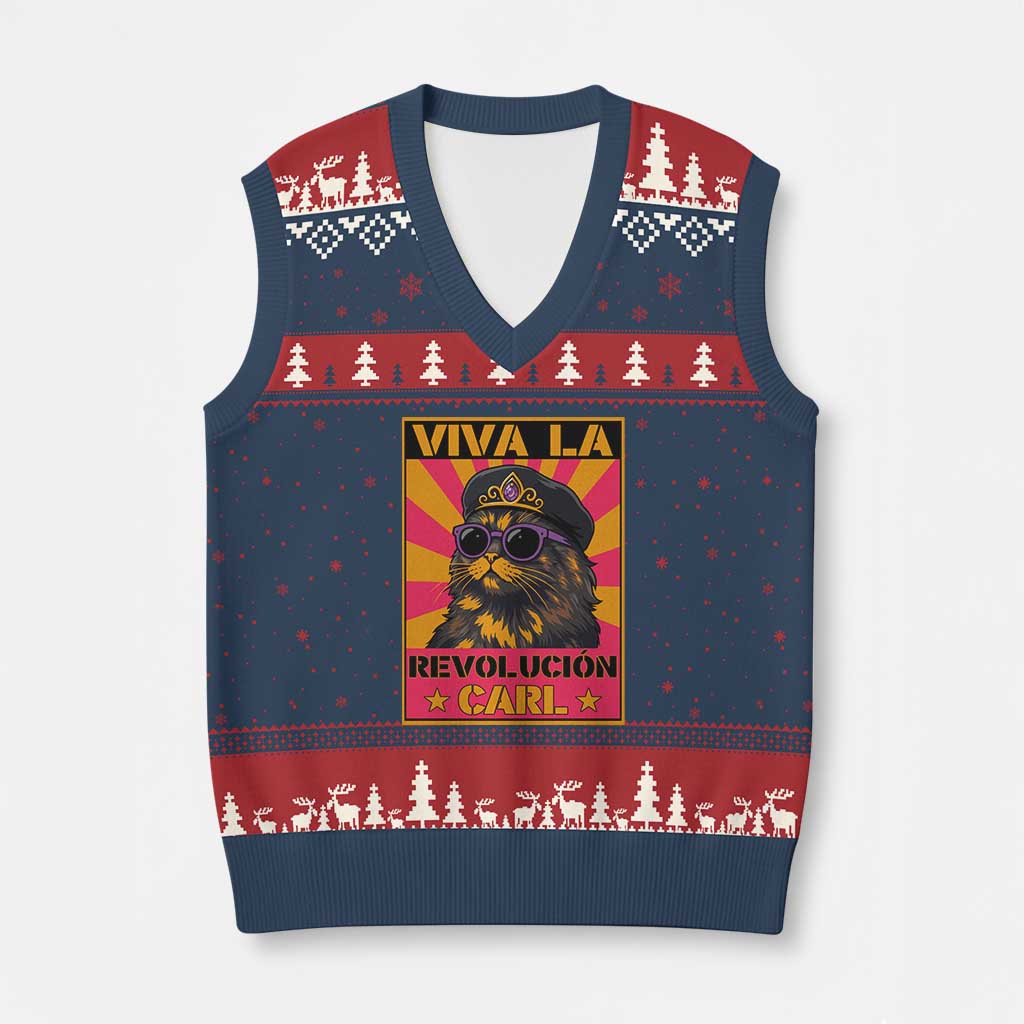 Viva La Revolucion Carl V-Neck Knit Sweater Vest Funny Princess Cat Donut Meme