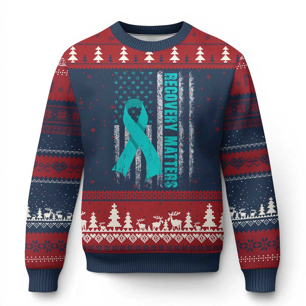 Recovery Matter Sobriety Anniversary Sober AA NA Ugly Christmas Sweater Vintage American Flag