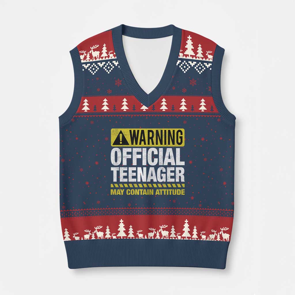 13th Birthday V-Neck Knit Sweater Vest Warning Official Teenager May Contain Attitude Funny 13 Years Old