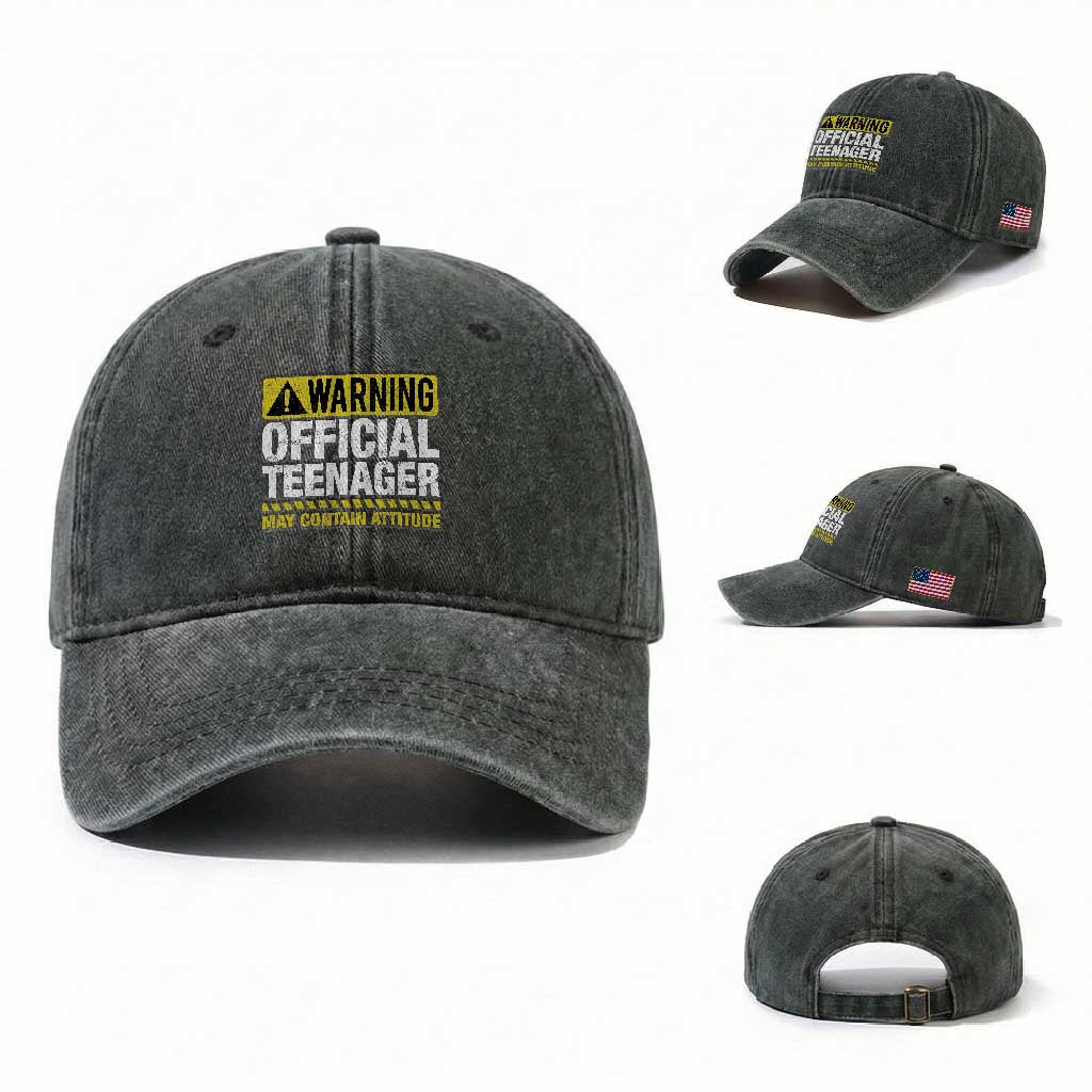 13th Birthday Washed Cotton Baseball Cap Warning Official Teenager May Contain Attitude Funny 13 Years Old