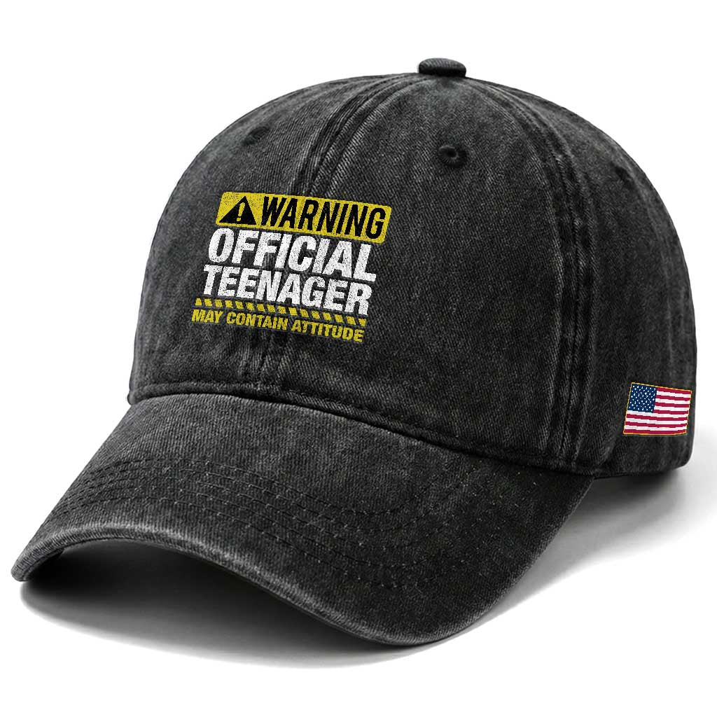 13th Birthday Washed Cotton Baseball Cap Warning Official Teenager May Contain Attitude Funny 13 Years Old