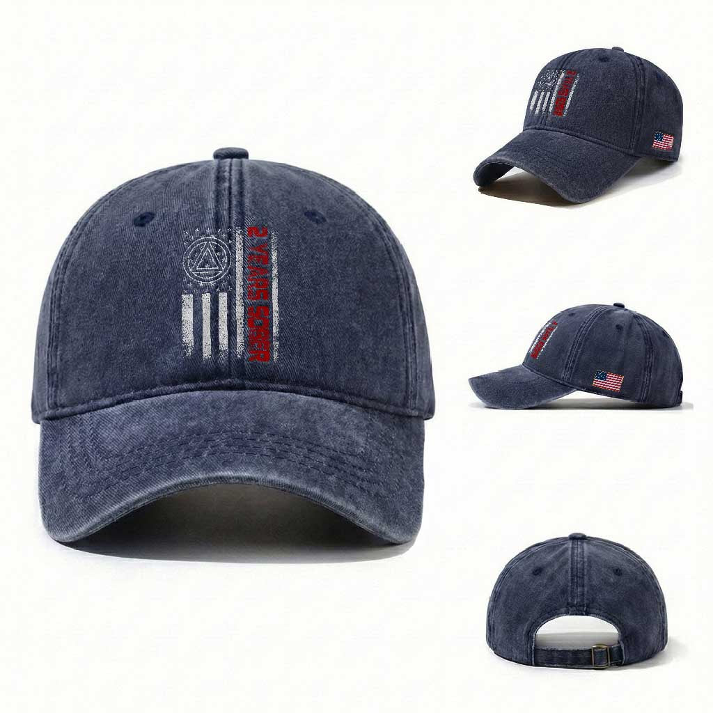2 Years Sober Washed Cotton Baseball Cap 2 Years Sobriety Anniversary Vintage American Flag