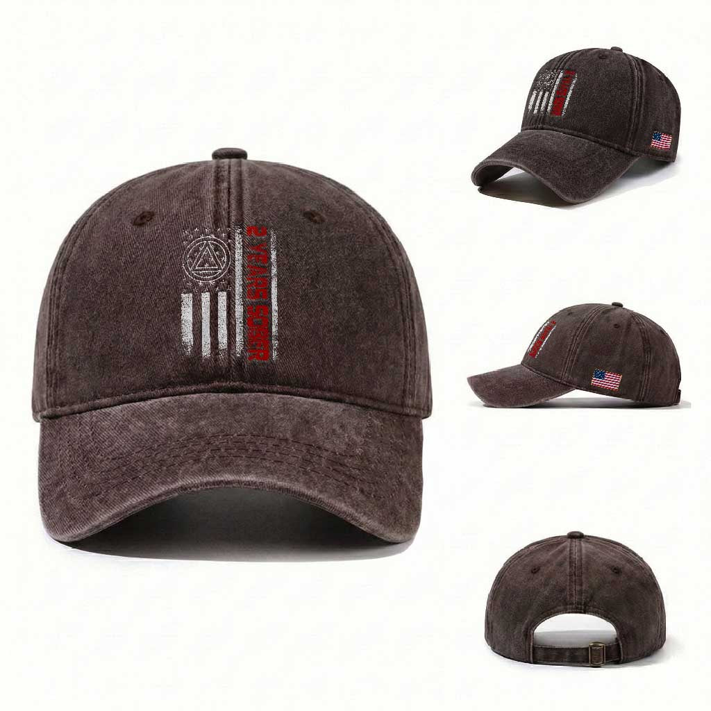 2 Years Sober Washed Cotton Baseball Cap 2 Years Sobriety Anniversary Vintage American Flag