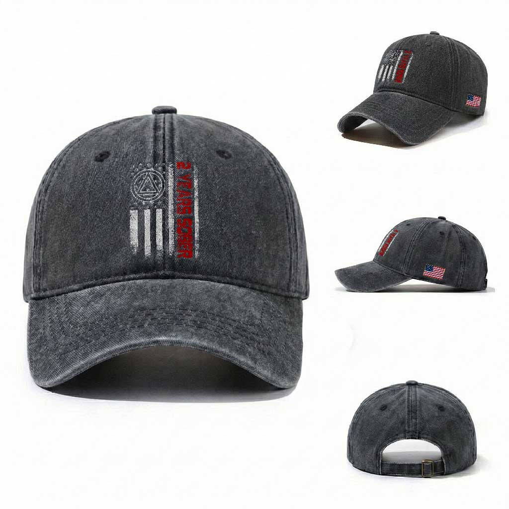 2 Years Sober Washed Cotton Baseball Cap 2 Years Sobriety Anniversary Vintage American Flag