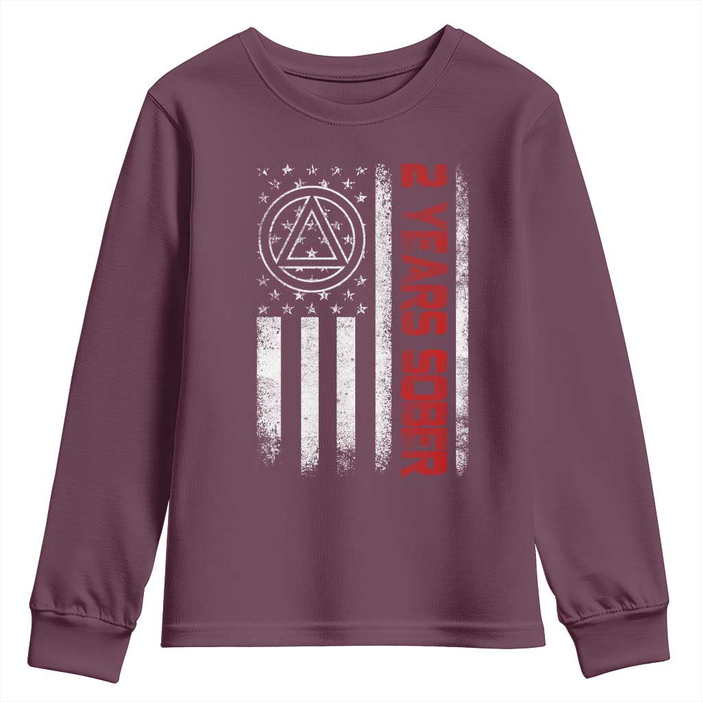 2 Years Sober Youth Sweatshirt 2 Years Sobriety Anniversary Vintage American Flag
