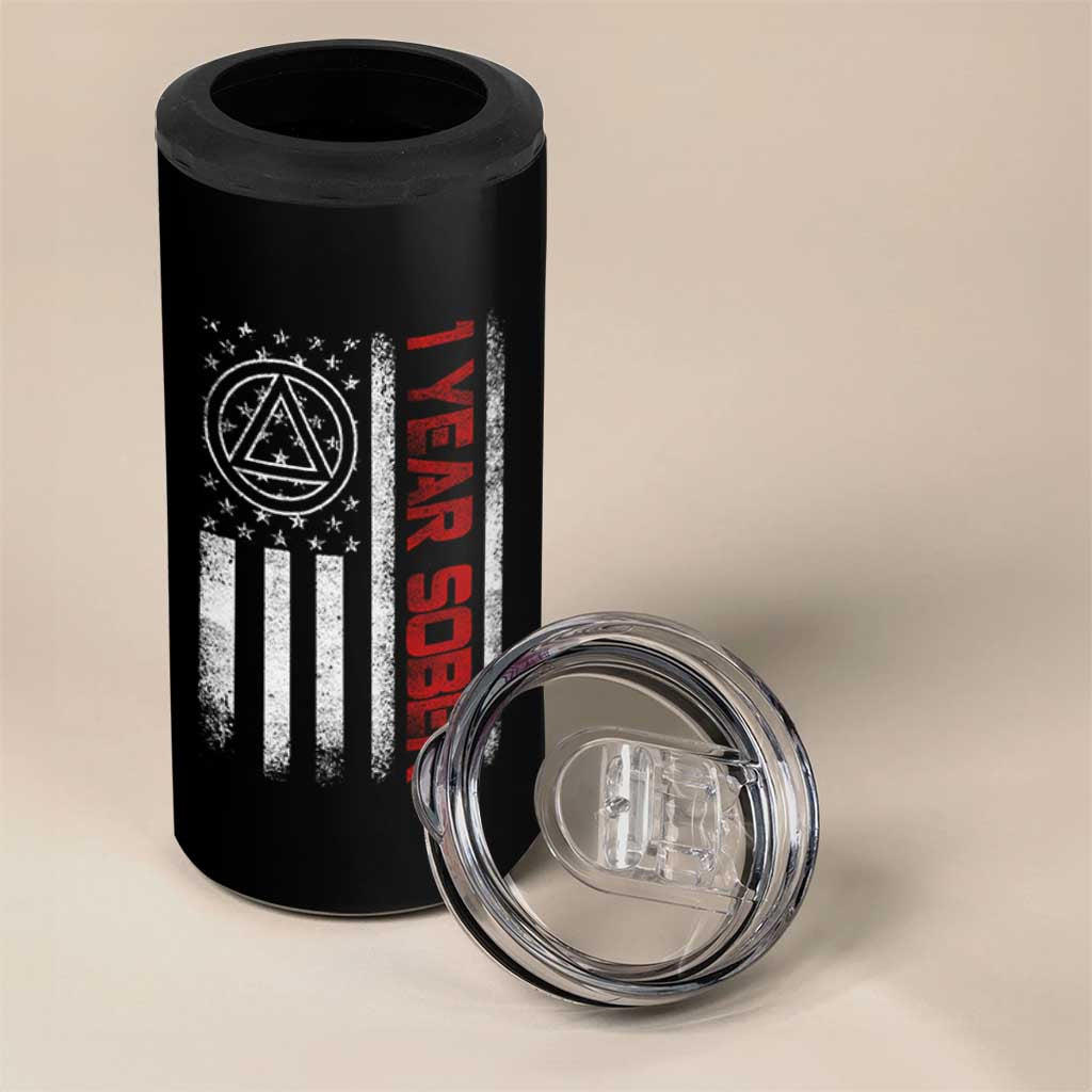 1 Year Sober 4 in 1 Can Cooler Tumbler 1 Year Sobriety Anniversary Vintage American Flag