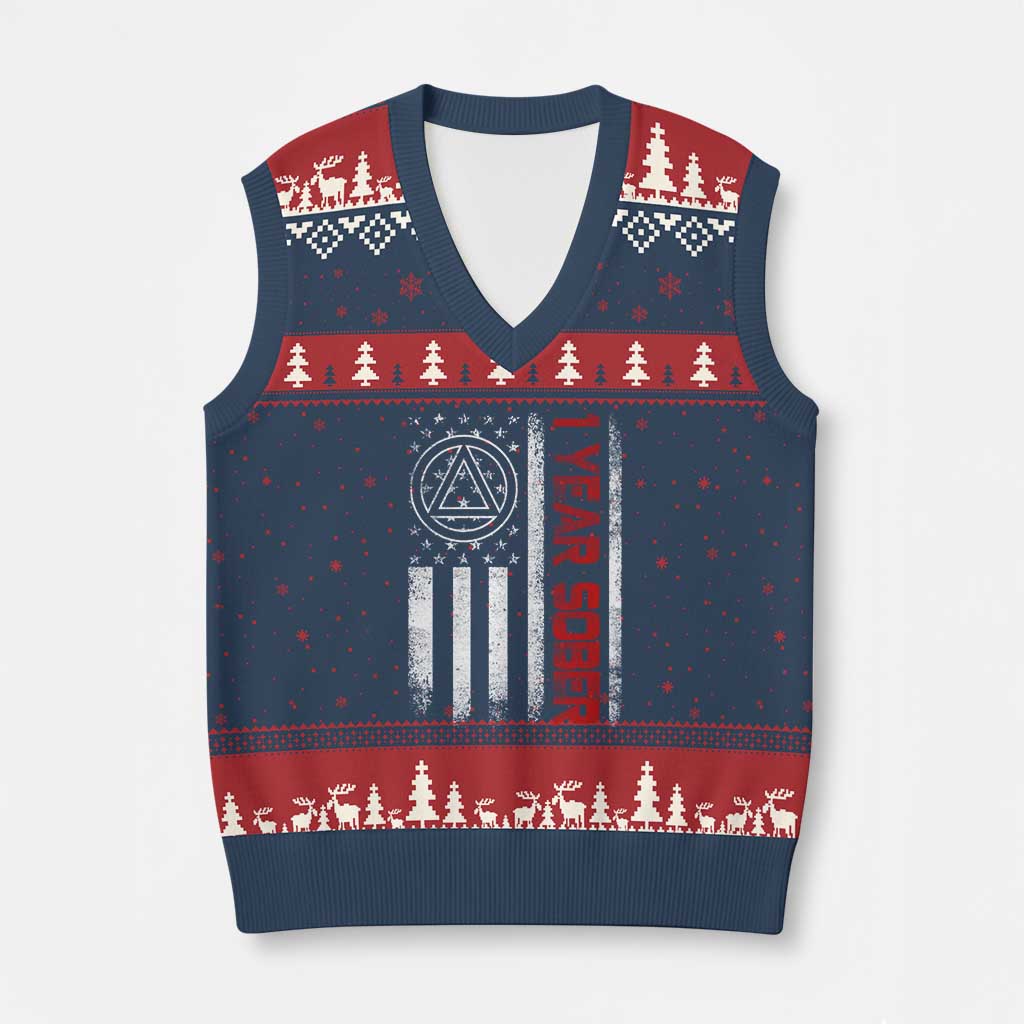 1 Year Sober V-Neck Knit Sweater Vest 1 Year Sobriety Anniversary Vintage American Flag