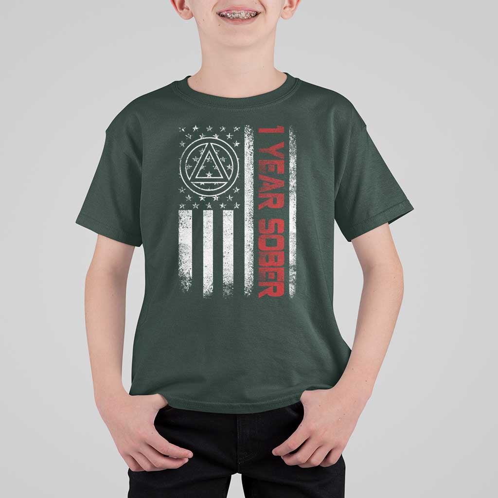 1 Year Sober T Shirt For Kid 1 Year Sobriety Anniversary Vintage American Flag