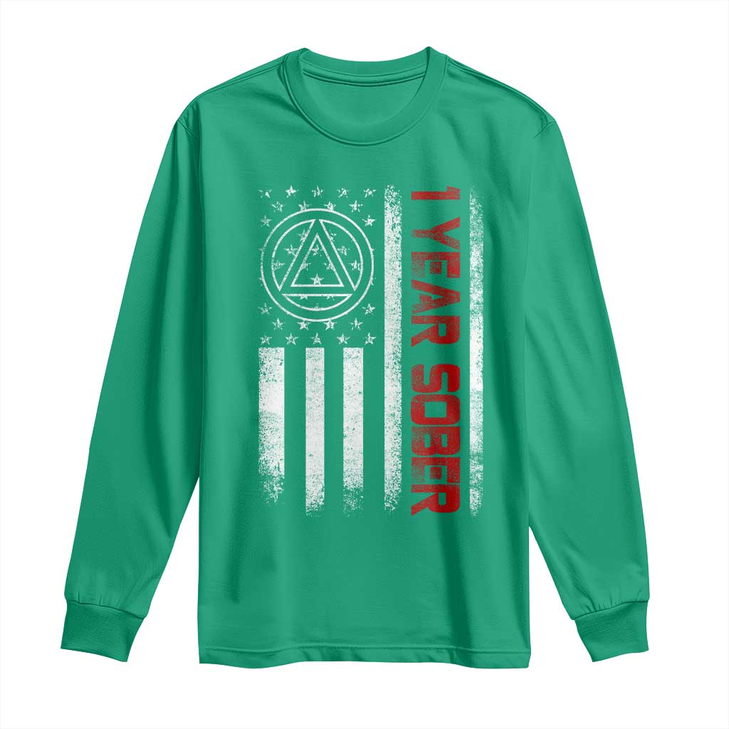 1 Year Sober Long Sleeve Shirt 1 Year Sobriety Anniversary Vintage American Flag