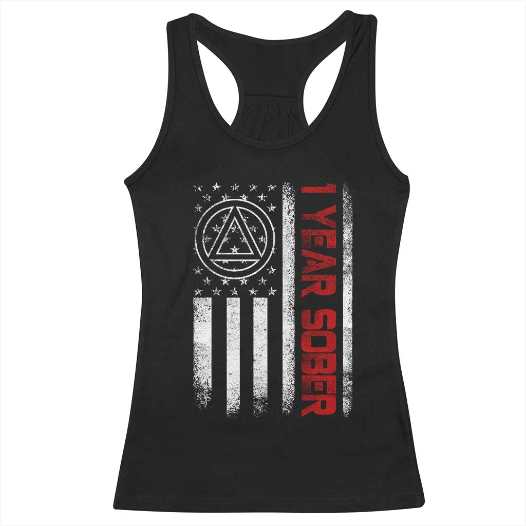 1 Year Sober Racerback Tank Top 1 Year Sobriety Anniversary Vintage American Flag