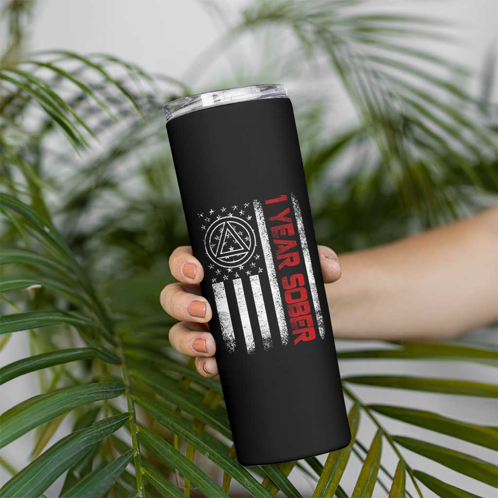 1 Year Sober Skinny Tumbler 1 Year Sobriety Anniversary Vintage American Flag