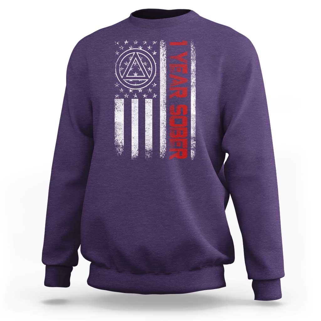 1 Year Sober Sweatshirt 1 Year Sobriety Anniversary Vintage American Flag