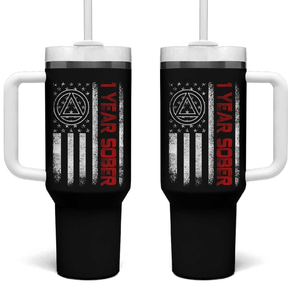 1 Year Sober Tumbler With Handle 1 Year Sobriety Anniversary Vintage American Flag
