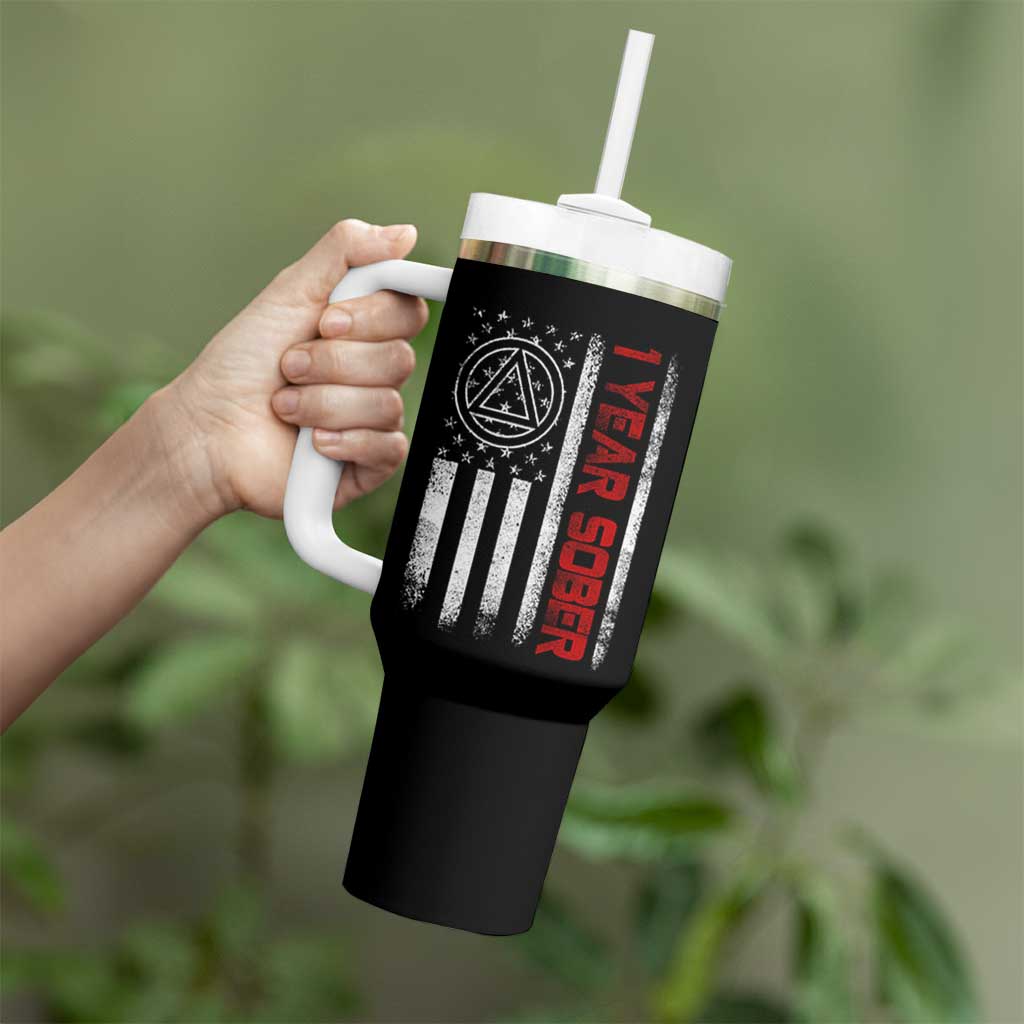 1 Year Sober Tumbler With Handle 1 Year Sobriety Anniversary Vintage American Flag