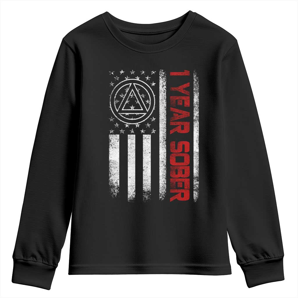 1 Year Sober Youth Sweatshirt 1 Year Sobriety Anniversary Vintage American Flag