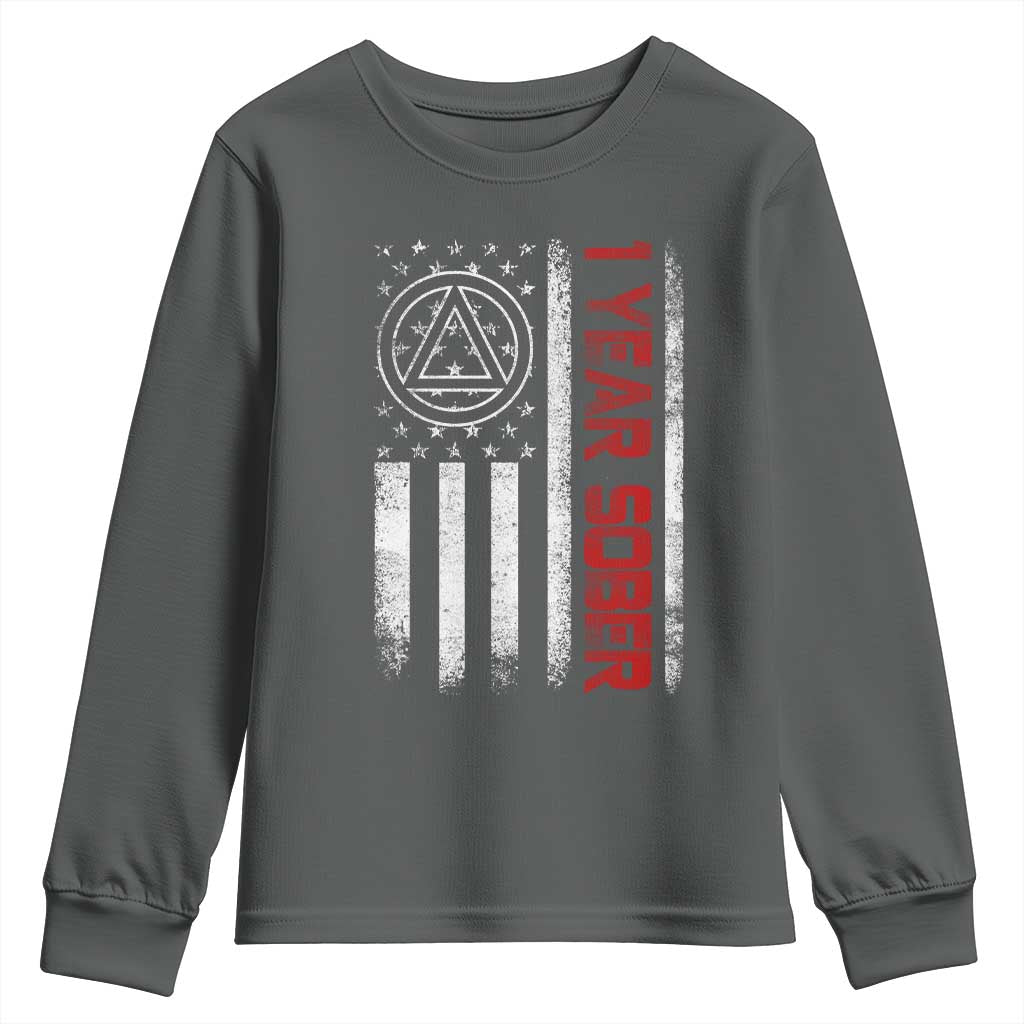 1 Year Sober Youth Sweatshirt 1 Year Sobriety Anniversary Vintage American Flag
