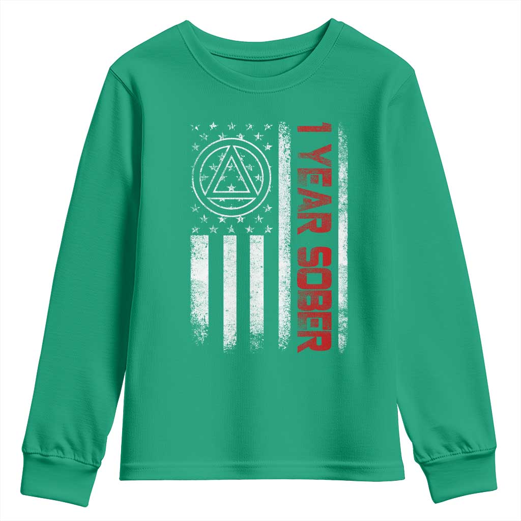 1 Year Sober Youth Sweatshirt 1 Year Sobriety Anniversary Vintage American Flag