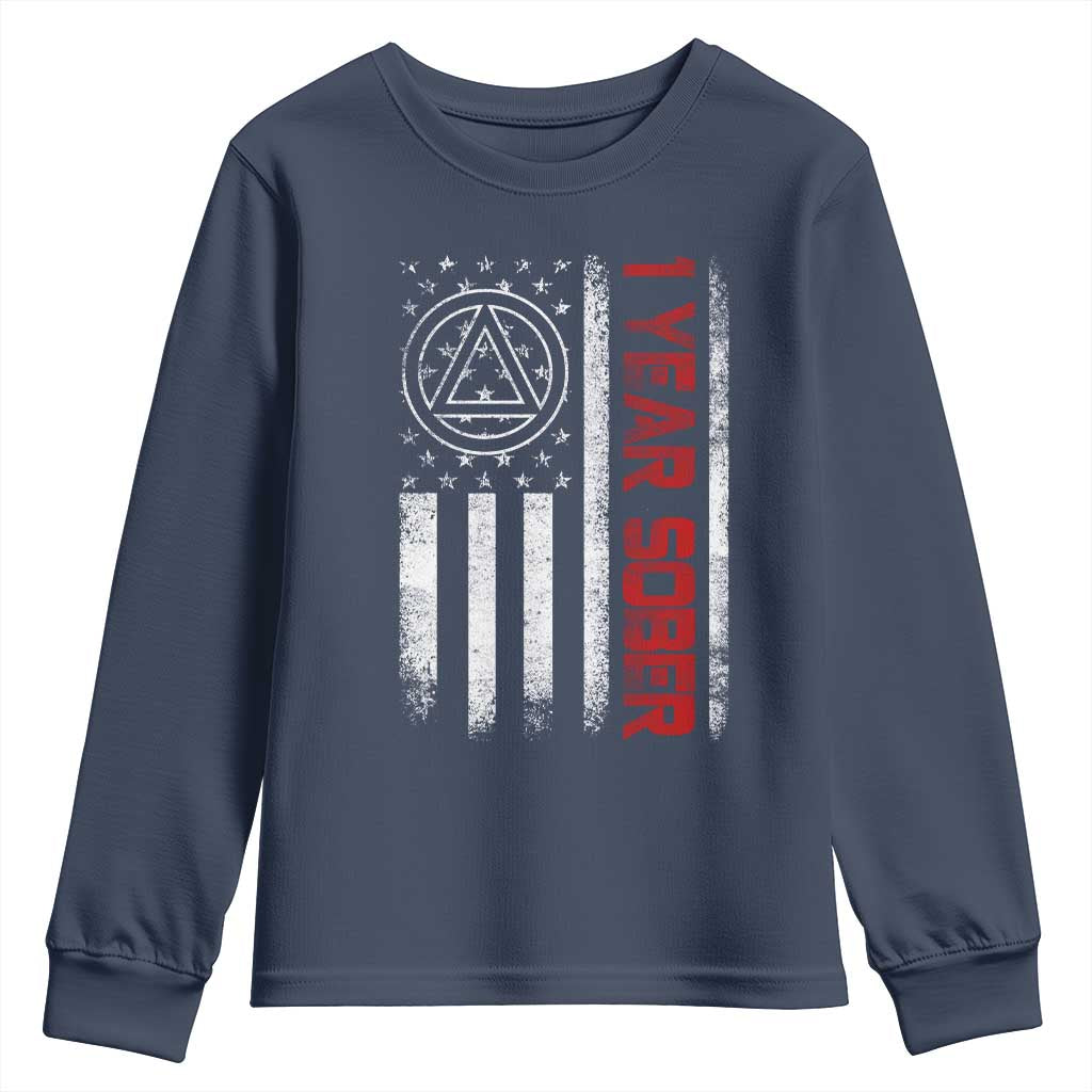 1 Year Sober Youth Sweatshirt 1 Year Sobriety Anniversary Vintage American Flag