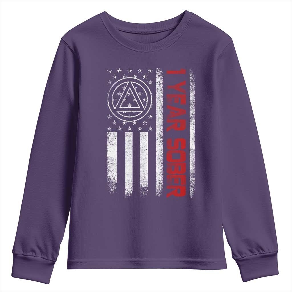 1 Year Sober Youth Sweatshirt 1 Year Sobriety Anniversary Vintage American Flag