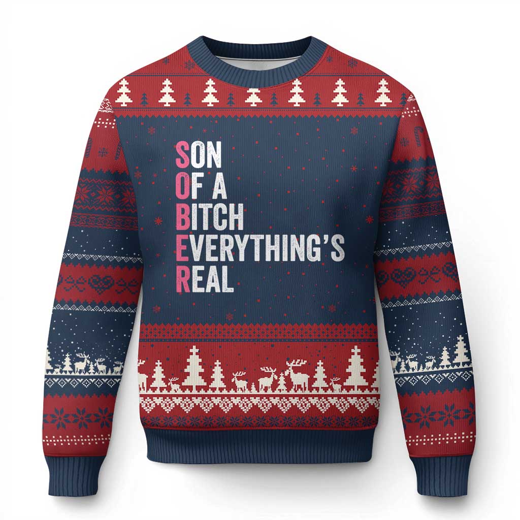 Sobriety Anniversary Ugly Christmas Sweater Sober Son Of A Bitch Everythings Real Pink AA NA
