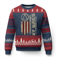 Sober AF Ugly Christmas Sweater Alcoholism Addiction Recovery Rehabilitation Vintage American Flag