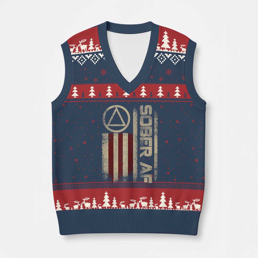 Sober AF V-Neck Knit Sweater Vest Alcoholism Addiction Recovery Rehabilitation Vintage American Flag