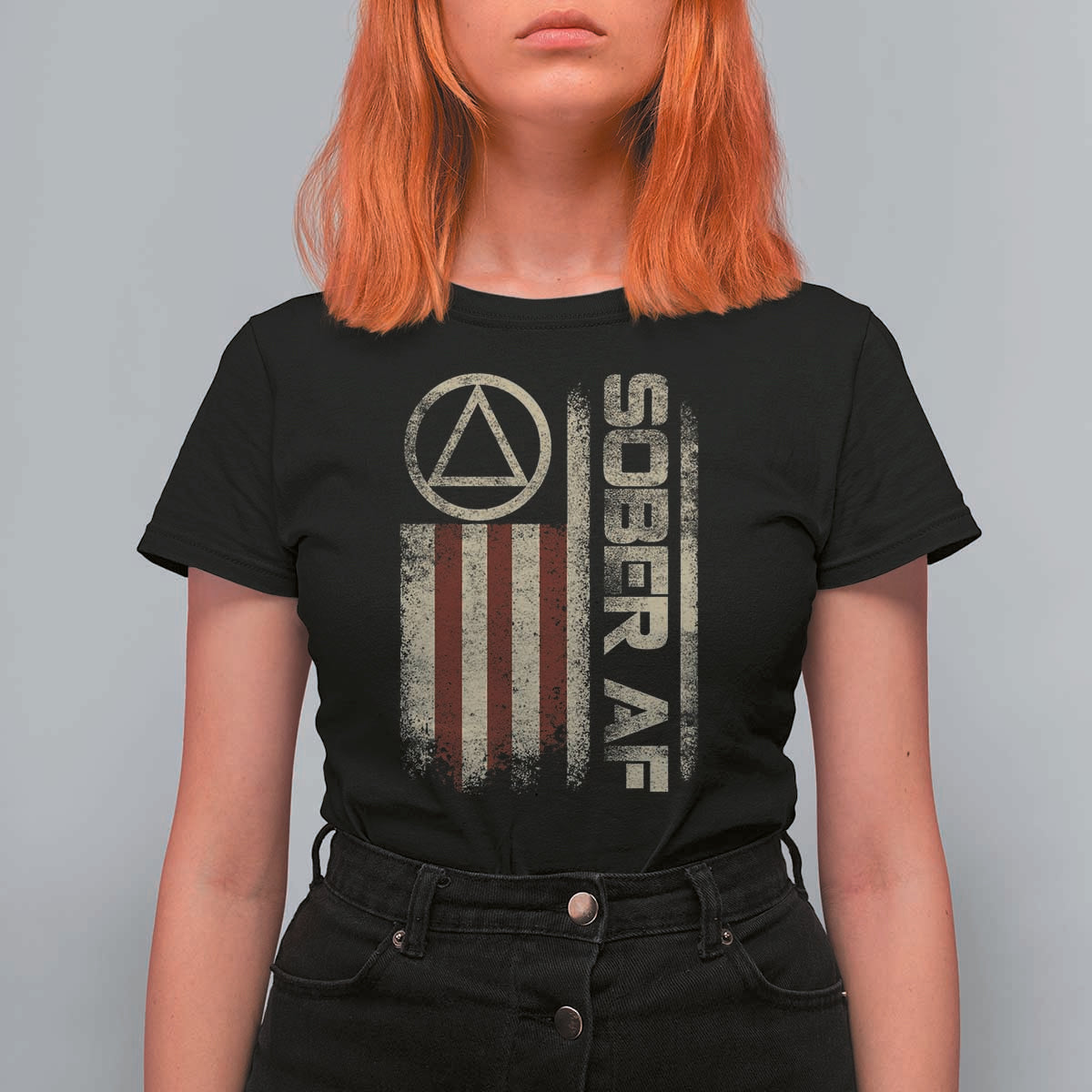 Sober AF T Shirt For Women Alcoholism Addiction Recovery Rehabilitation Vintage American Flag
