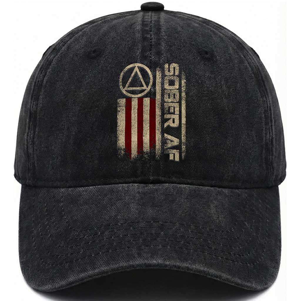 Sober AF Washed Cotton Baseball Cap Alcoholism Addiction Recovery Rehabilitation Vintage American Flag