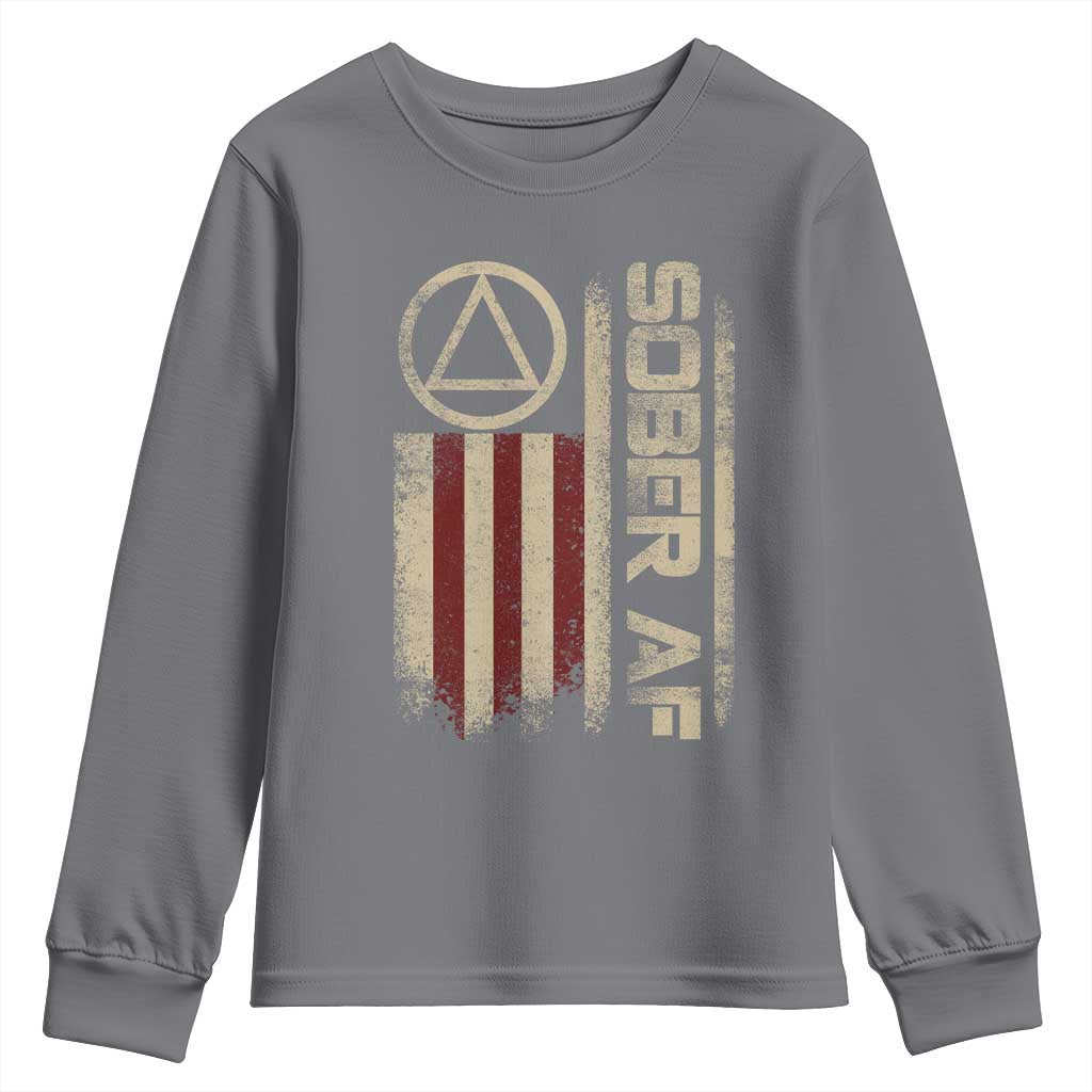 Sober AF Youth Sweatshirt Alcoholism Addiction Recovery Rehabilitation Vintage American Flag