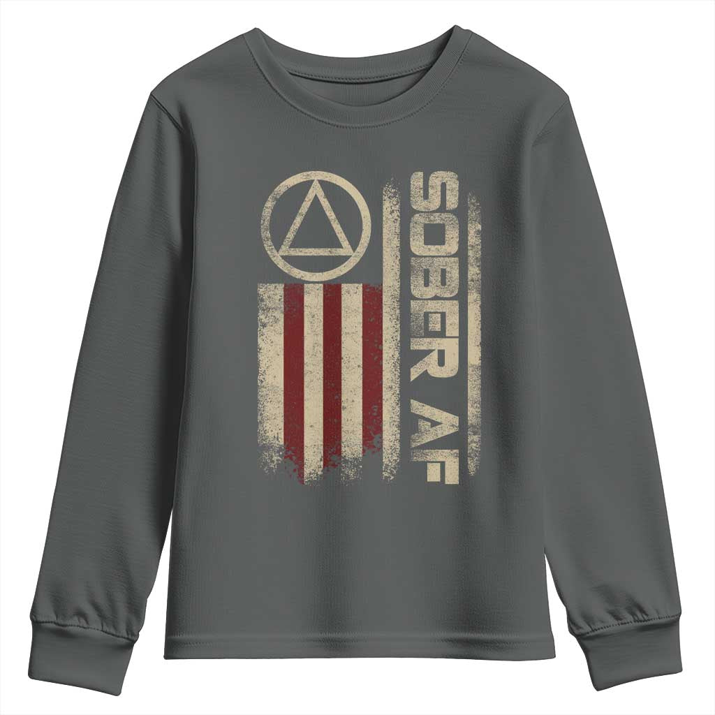 Sober AF Youth Sweatshirt Alcoholism Addiction Recovery Rehabilitation Vintage American Flag