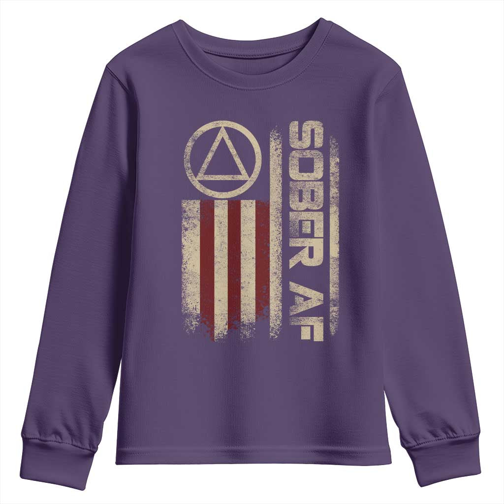 Sober AF Youth Sweatshirt Alcoholism Addiction Recovery Rehabilitation Vintage American Flag