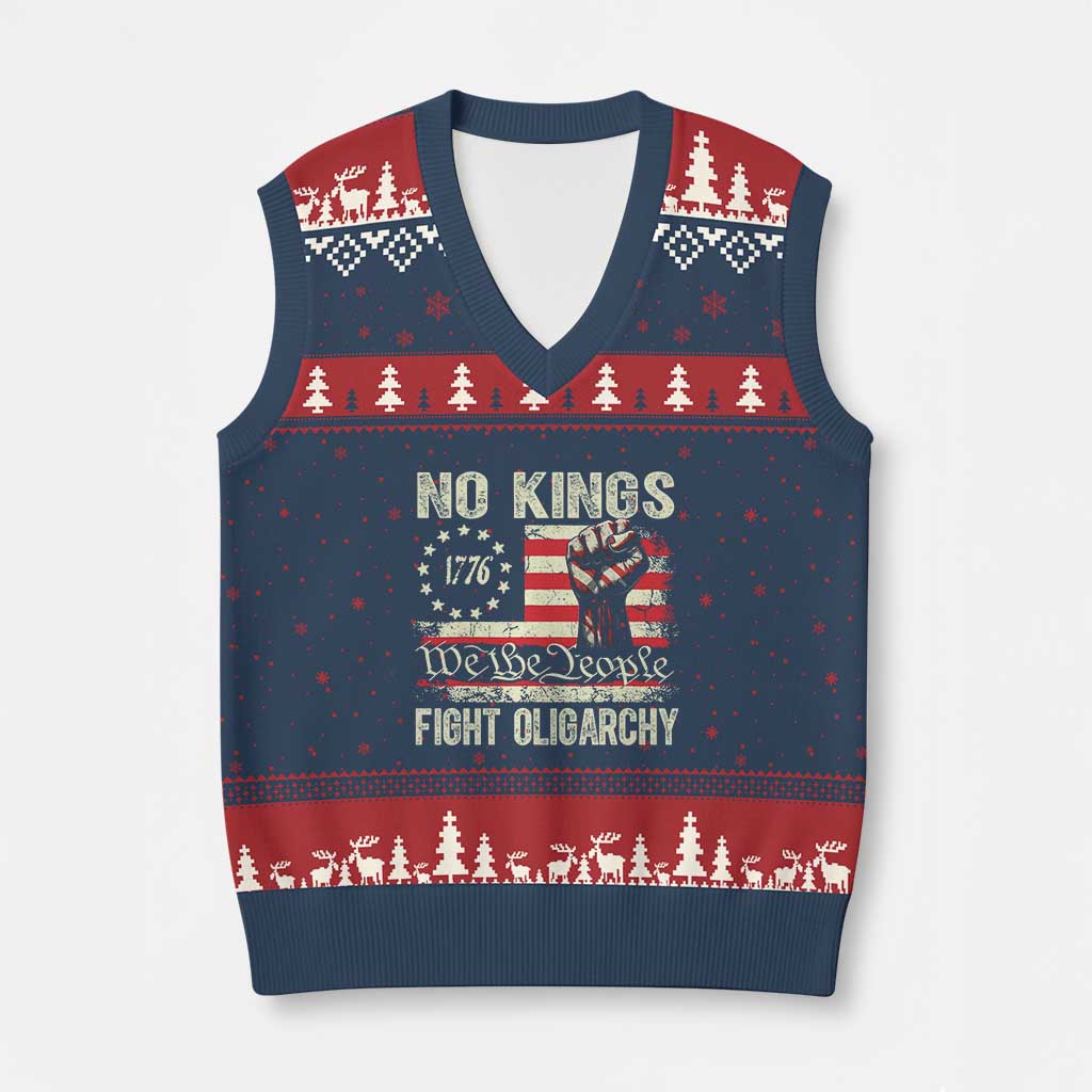 Funny No Kings Fight Oligarchy V-Neck Knit Sweater Vest Betsy Ross Flag Hand Fist - Wonder Print Shop