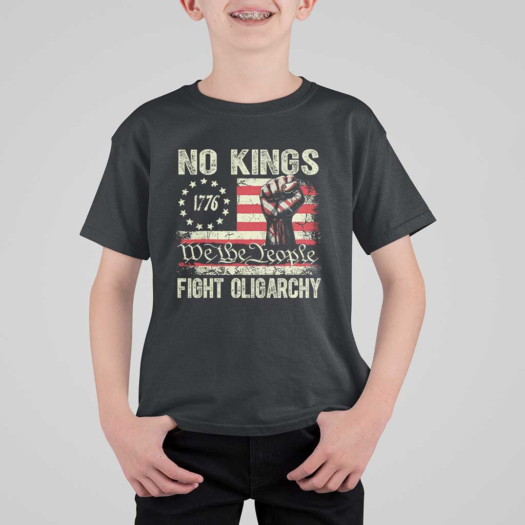 Funny No Kings Fight Oligarchy T Shirt For Kid Betsy Ross Flag Hand Fist - Wonder Print Shop