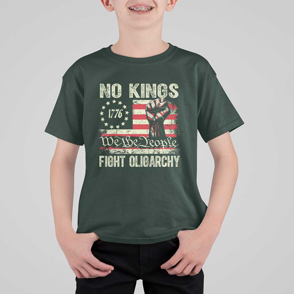 Funny No Kings Fight Oligarchy T Shirt For Kid Betsy Ross Flag Hand Fist - Wonder Print Shop