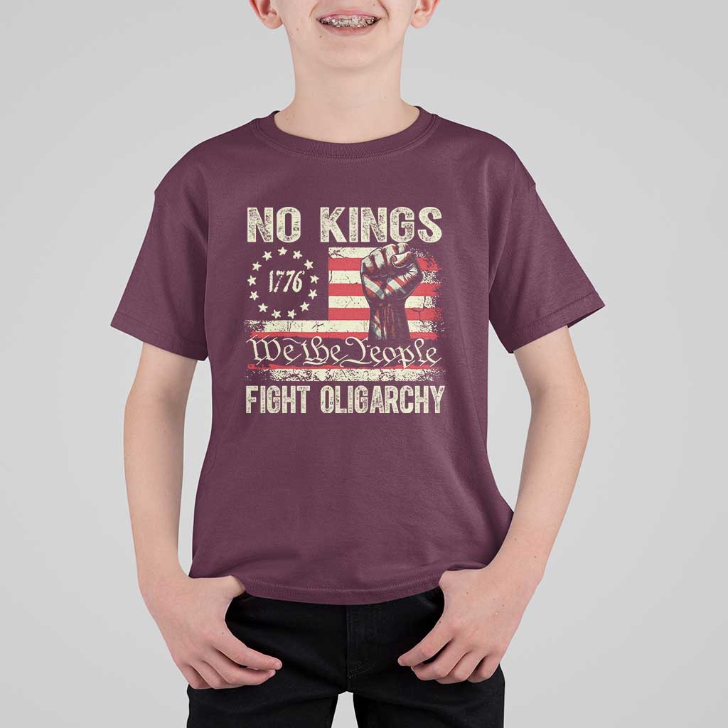Funny No Kings Fight Oligarchy T Shirt For Kid Betsy Ross Flag Hand Fist - Wonder Print Shop