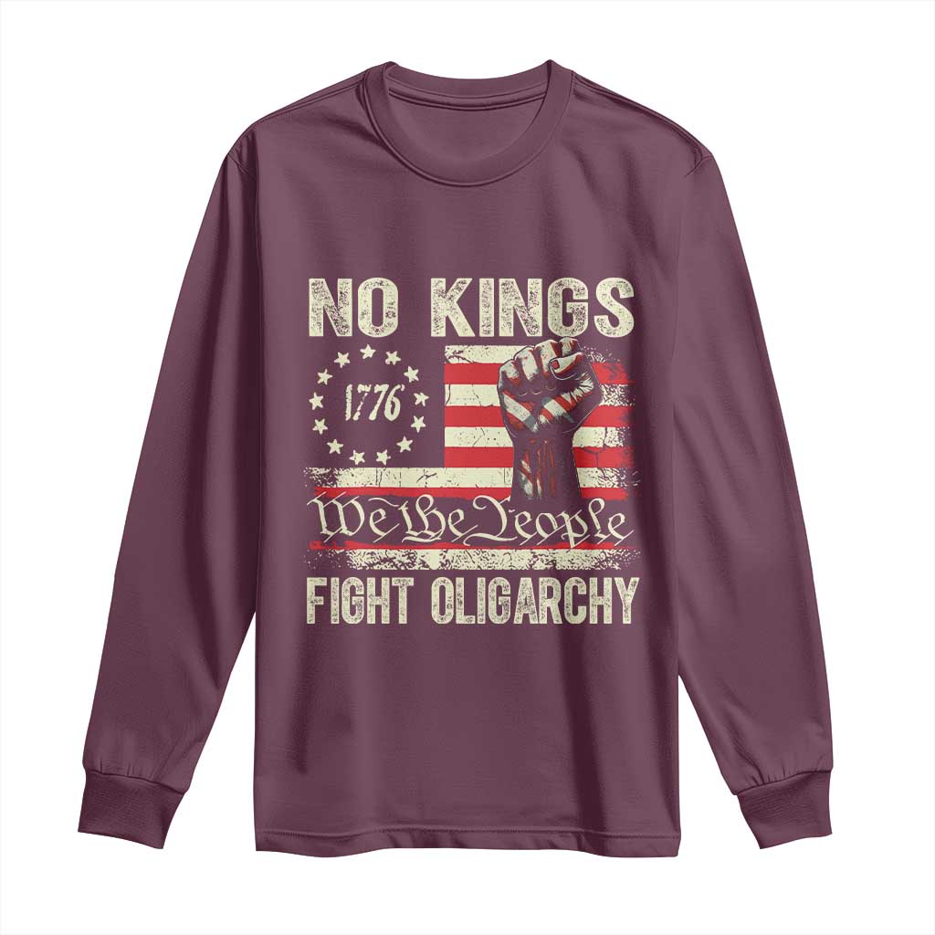Funny No Kings Fight Oligarchy Long Sleeve Shirt Betsy Ross Flag Hand Fist - Wonder Print Shop