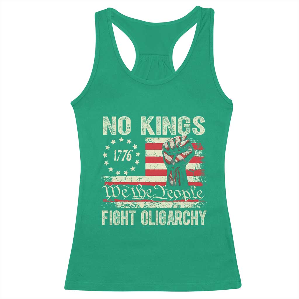 Funny No Kings Fight Oligarchy Racerback Tank Top Betsy Ross Flag Hand Fist - Wonder Print Shop