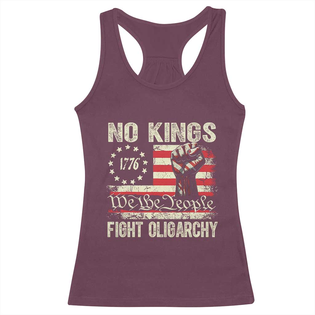 Funny No Kings Fight Oligarchy Racerback Tank Top Betsy Ross Flag Hand Fist - Wonder Print Shop