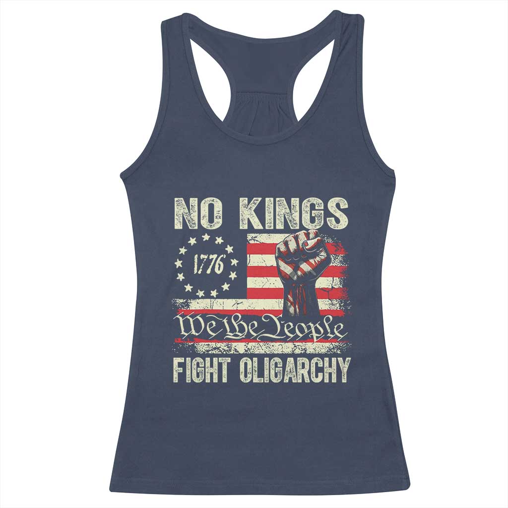 Funny No Kings Fight Oligarchy Racerback Tank Top Betsy Ross Flag Hand Fist - Wonder Print Shop