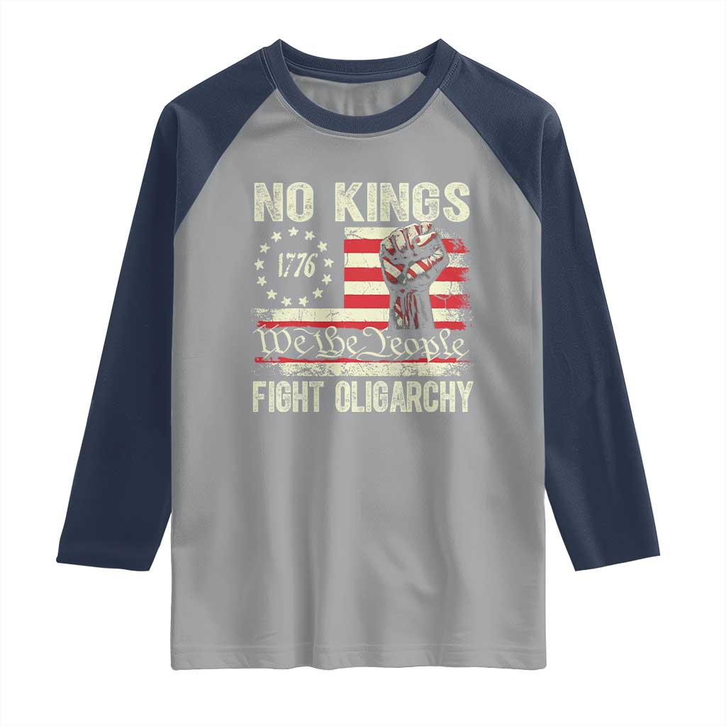 Funny No Kings Fight Oligarchy Raglan Shirt Betsy Ross Flag Hand Fist - Wonder Print Shop