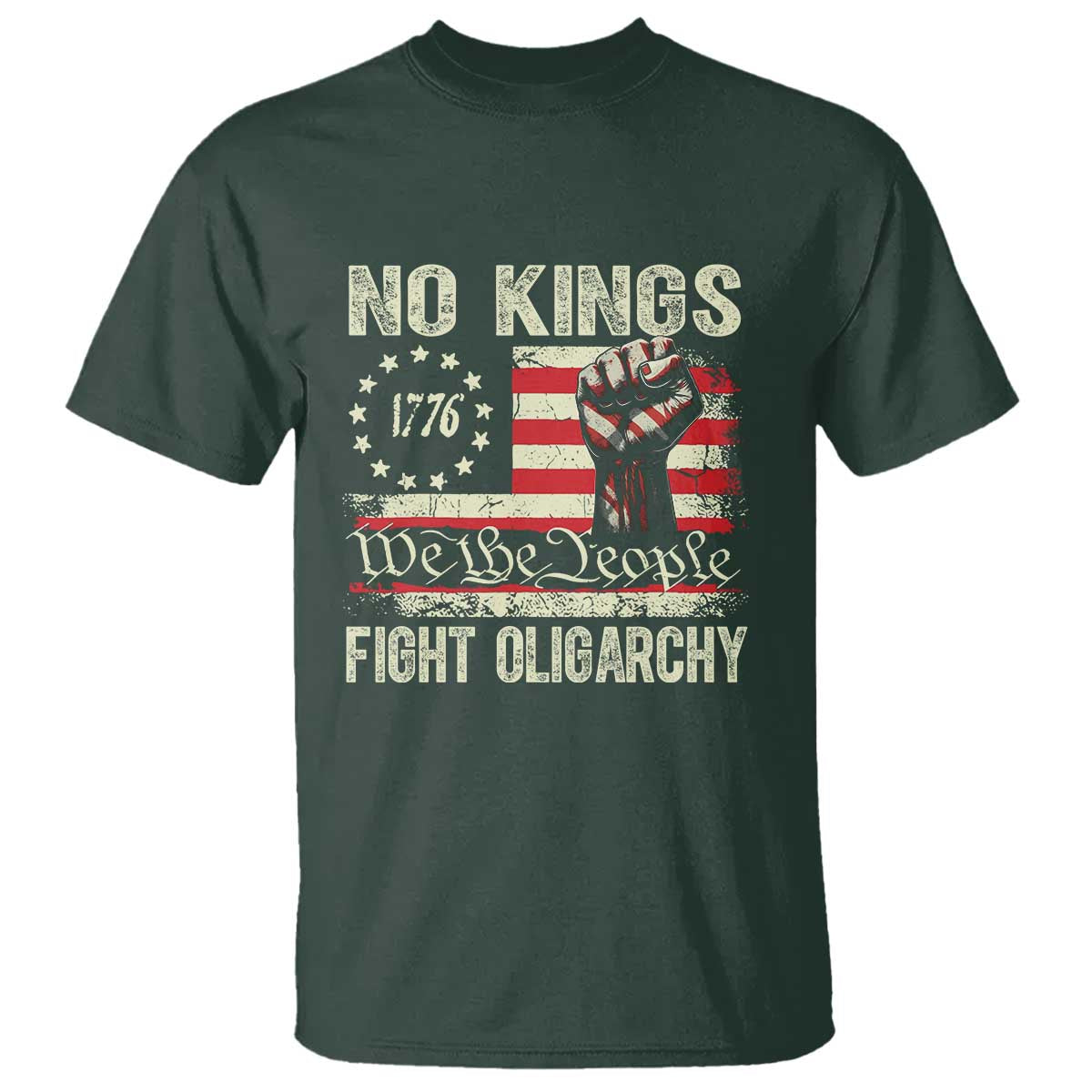 Funny No Kings Fight Oligarchy T Shirt Betsy Ross Flag Hand Fist - Wonder Print Shop