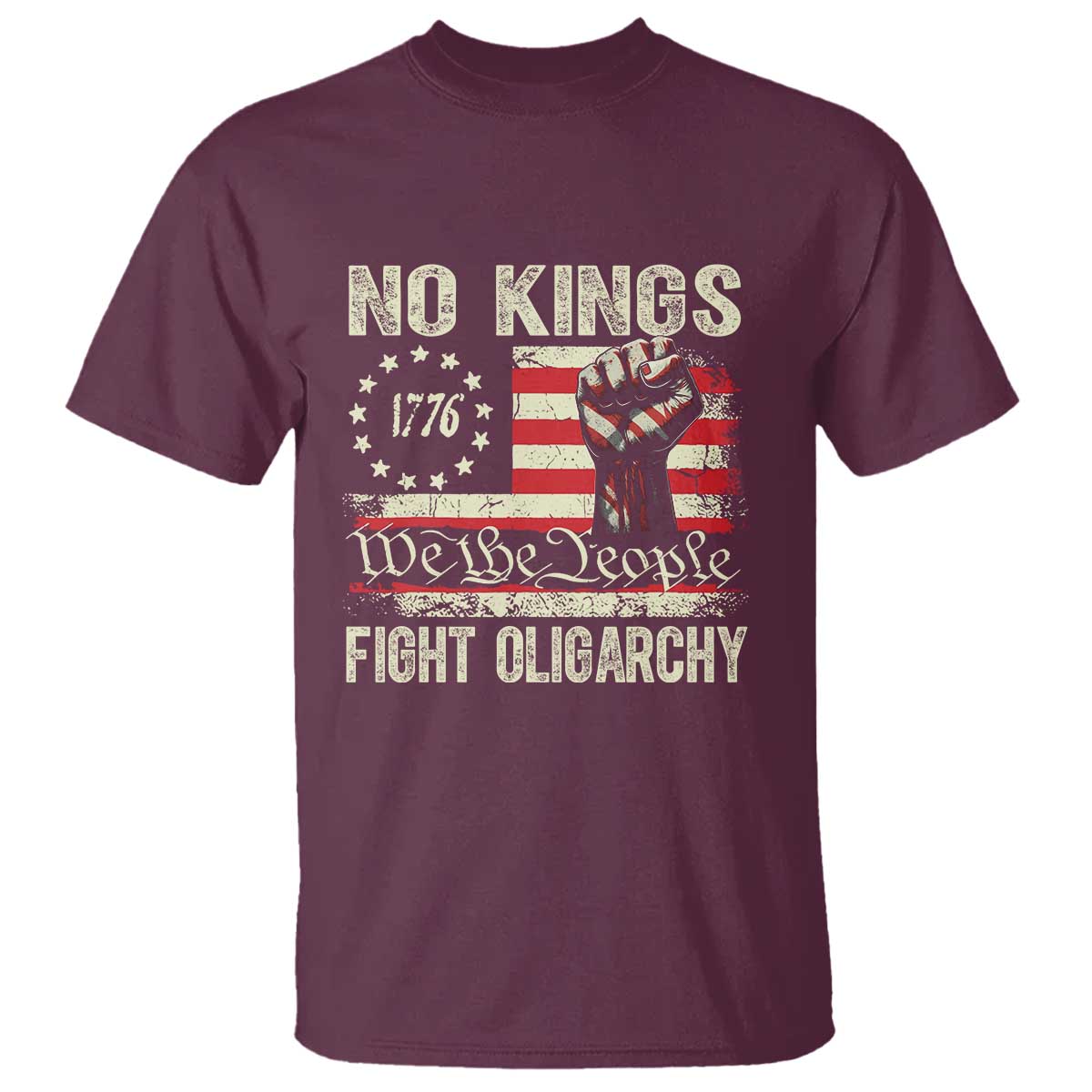 Funny No Kings Fight Oligarchy T Shirt Betsy Ross Flag Hand Fist - Wonder Print Shop