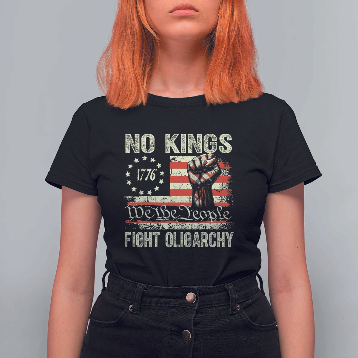 Funny No Kings Fight Oligarchy T Shirt For Women Betsy Ross Flag Hand Fist - Wonder Print Shop